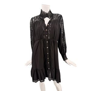 Nova of London Lace Trim Button Front Dress Black Long Sleeve Size Medium